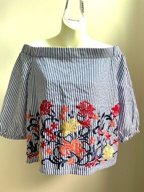 Embroidered Romeo & Juliet Couture Blue & White Striped Off-Shoulder Floral Top